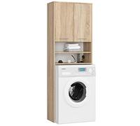 AKORD | Columna de Pared para empotrar Lavadora | Mueble Alto con 2 Puertas, 2 estantes Abiertos | Mueble contenedor para baño | CajoNero para Lavadora | 64x180x30 cm | Peso 30 kg | Roble Sonoma