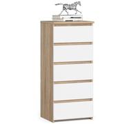 AKORD | Cómoda con 5 cajones | Cómoda Alta | Mueble Moderno para Sala de Estar, Comedor, Dormitorio, Entrada, baño | Armario para habitación Infantil | 35x40x92 cm | Roble Sonoma & Blanco Frente