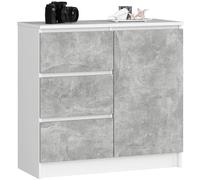 AKORD Cómoda Jerry | Cajonero con 1 Puerta 3 Cajones 2 Estantes | Credenza Alta 80 cm | 80x35x77 cm | Blanco & Cemento Frente