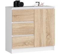 AKORD Cómoda Jerry | Cajonero con 1 Puerta 3 Cajones 2 Estantes | Credenza Alta 80 cm | 80x35x77 cm | Blanco & Roble Sonoma Frente