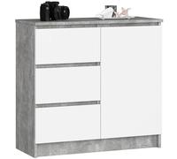 AKORD Cómoda Jerry | Cajonero con 1 Puerta 3 Cajones 2 Estantes | Credenza Alta 80 cm | 80x35x77 cm | Cemento & Blanco Frente