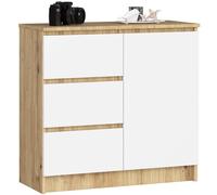 AKORD Cómoda Jerry | Cajonero con 1 Puerta 3 Cajones 2 Estantes | Credenza Alta 80 cm | 80x35x77 cm | Roble Artisan & Blanco Frente