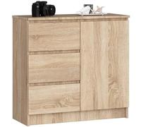 AKORD Cómoda Jerry | Cajonero con 1 Puerta 3 Cajones 2 Estantes | Credenza Alta 80 cm | 80x35x77 cm | Roble Sonoma