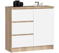AKORD Cómoda Jerry | Cajonero con 1 Puerta 3 Cajones 2 Estantes | Credenza Alta 80 cm | 80x35x77 cm | Roble Sonoma & Blanco Frente