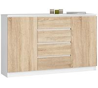 AKORD Cómoda K 160 cm | 4 cajones y 2 puertas | para sala de estar, dormitorio, armario de salón, diseño funcional moderno, placa laminada de 16 mm, color blanco/sonoma