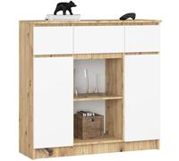 AKORD Cómoda K100 con 3 cajones, armario con 2 puertas, 6 estantes, para sala de estar, dormitorio, moderno, panel laminado de 16 mm, 101 x 98 x 35 cm, color roble artesanal y blanco