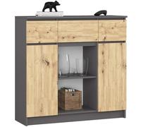AKORD Cómoda K100 con 3 cajones, armario con 2 puertas y 6 estantes, para el salón, dormitorio, moderno, placa laminada de 16 mm, 101 x 98 x 35 cm, color gris grafito y roble Artisan