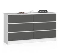 AKORD Cómoda K140 138 cm, 6 cajones, Blanco - Frontal Gris Grafito | 138 x 77 x 40 cm para salón, mueble de dormitorio, mueble de almacenamiento para sala de estudio y oficina