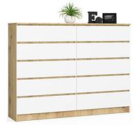 AKORD Cómoda K160 160 cm | 10 cajones | para el salón | dormitorio | para el estudio | oficina | ancho 160 x alto 121 x profundidad 40 cm | peso 93,50 kg | roble artesano / blanco