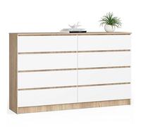 AKORD - Cómoda K160, 8 cajones, 160 cm, roble Sonoma - blanco fachada | 160 x 99 x 40 cm para sala de estar, muebles de dormitorio, armario de almacenamiento para sala de trabajo y oficina