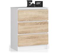 AKORD Cómoda K60 con 3 cajones | Credenza Alta | Mueble Moderno para Sala de Estar, Comedor, Dormitorio, Entrada, baño | Armario Infantil | 60x77x40 cm 25 kg | Blanco & Roble Sonoma Frente