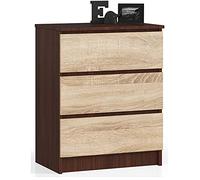 AKORD Cómoda K60 con 3 cajones | Credenza Alta | Mueble Moderno para Sala de Estar, Comedor, Dormitorio, Entrada, baño | Armario Infantil | 60x77x40 cm 25 kg | Wenge & Roble Sonoma Frente