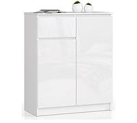 AKORD Cómoda K80 con 2 Puertas y 1 cajón | Mueble de Entrada para baño | Armario para Infantil | Mesita de Noche | Diseño Moderno | 80 x 99 x 40 cm, Peso 34 kg | Blanco & Blanco Brillo Frente