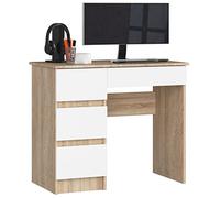 AKORD | Escritorio A-7 | 4 Cajones | Escritorio de Oficina | Escritorio para computadora PC portátil | En el Trabajo | Hogar | 50x90x77 cm | Roble Sonoma/Blanco