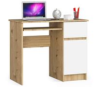 AKORD | Escritorio con Estante para Teclado | Escritorio de Oficina | Cajón y Contenedor en el Lado Derecho | para Computadora PC Portátil | 90x77x50 cm | 30 kg Roble Artisan | Blanco