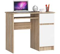 AKORD | Escritorio con Estante para Teclado | Escritorio de Oficina | Cajón y Contenedor en el Lado Derecho | para Computadora PC Portátil | 90x77x50 cm | 30 kg Roble Sonoma & Blanco