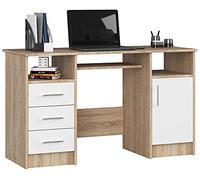 AKORD Escritorio de Ordenador ANA 124 cm | 3 Cajones | 1 Puerta | 2 Estantes Abiertos | Roble