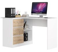 AKORD Escritorio Esquinero B-16 Con 3 Cajones y 2 Estantes | Para el Hogar y la Oficina | 124x77x85 CM | 48 kg Blanco & Roble Sonoma Frente