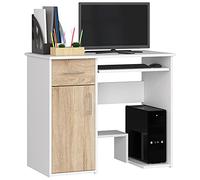 AKORD | Escritorio para PC Jay con Estante para Teclado | Escritorio de Oficina | Escritorio de Ordenador | Mesa de Oficina | L90 x H74 x P50 cm 29 kg | Blanco & Roble Sonoma
