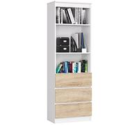 AKORD | Librería CLP 60 cm | Mueble con 3 cajones 3 estantes | Documentos Oficina | Porta Libros | Mueble de Dormitorio | Estante de Sala de Estar | Ahorra Espacio | Blanco | Roble Sonoma