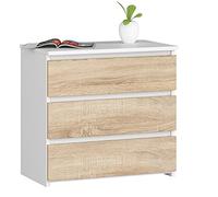 AKORD Mesita de Noche CL-3 con 3 cajones | Sala de Estar, Dormitorio, Armario, Oficina y Estudio | 60 x 57 x 35 cm | Peso 26 kg | Color Blanco/Roble Sonoma