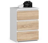 AKORD | Mesita de Noche CL-3 con 3 cajones | Sala de Estar, Dormitorio, Armario, Oficina y Estudio | Diseño Moderno y Funcional | 35 x 40 x 57 cm, 26 kg | Color Blanco | Roble Sonoma