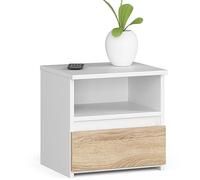 AKORD | Mesita de Noche Pequeña con 1 Cajón y 1 Estante | Mueble Multiusos para Dormitorio | 40 x 40 x 35 cm | Aglomerado Laminado de 16 mm | Blanco & Roble Sonoma Frente