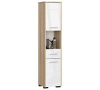 AKORD |Mueble Alto de Baño | Cómoda de Baño | A30 x H140 x F30 cm, Peso 25 kg | 2 Estantes con Puertas | 1 Cajón, 1 Compartimento Abierto | como Armario Colgante | Roble Sonoma/Blanco