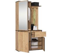 AKORD Mueble Recibidor con Espejo - 95 cm 3 Puertas, 1 Cajón, 7 Estantes para Zapatos y Bolsos - Entraditas Recibidores Modernas y Estilo Industrial - Roble Craft