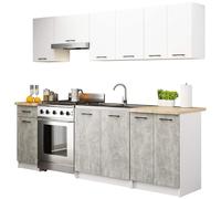 AKORD | Muebles de Cocina OLIWIA de 2.4m, modulares de 240 cm, con 11 Puertas y 1 cajón 240cm x 203cm x 46cm | Blanco y Hormigón Frente