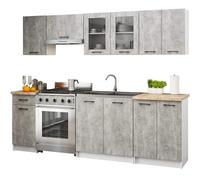 AKORD | Muebles de Cocina OLIWIA de 2.4m, modulares de 240 cm, con 11 Puertas y 1 cajón. Set de armarios de Cocina 240cm x 203cm x 46cm | Hormigón y Vitrina