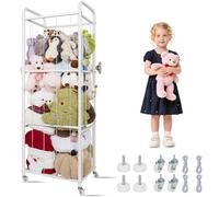 AKOZLIN Almacenamiento de animales de peluche con correas de metal antivuelco y ruedas de freno, soporte de almacenamiento de juguetes de tubo con cordones elásticos, estante organizador de juguetes