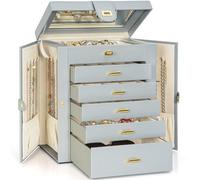 AKOZLIN Joyero grande organizador funcional con cerradura con espejo grande, estuche de almacenamiento de joyas de cuero para mujeres y niñas, organizador de anillos, collares, aretes, pulseras, color