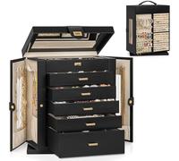 AKOZLIN Joyero organizador de 6 niveles, funcional y giratorio 360°, estuche de almacenamiento de joyas para mujer y niña, organizador para anillos, collares, pendientes y pulseras con espejo