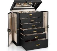 AKOZLIN Joyero organizador funcional de cuero para mujeres y niñas, para anillos, collares, aretes, pulseras, organizador con espejo, color negro