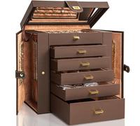 AKOZLIN Joyero organizador grande, funcional con cerradura y espejo, 6 niveles, 5 cajones, estuche de cuero, para mujeres y niñas, organizador de anillos, collares, pendientes y pulseras, marrón