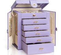 AKOZLIN Joyero organizador grande y funcional con cerradura y espejo grande, estuche de cuero para joyas para mujeres y niñas, organizador de anillos, collares, pendientes, pulseras, violeta