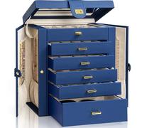 AKOZLIN Joyero organizador grande y funcional con cerradura y espejo grande, estuche de cuero para joyas para mujeres y niñas, organizador de anillos, collares, pendientes, pulseras, azul