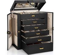 AKOZLIN Organizador de joyas de cuero grande con espejo grande para mujeres y niñas