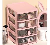 Akozon Caja de Almacenamiento de Escritorio, Cajón Pequeño de Plástico Transparente de 5 Niveles con Asa de Conejito, Gran Capacidad para Oficina, Escuela, Hogar, Libros, Bolígrafos, Papelería (PINK)