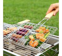 Akozon Canasta de Parrilla de Barbacoa Plegable con de Madera - Rejilla para la Rejilla para Alambre para Cocción Al Aire Libre, Ideal para Pescado, Verduras y Carne (Como se muestra)