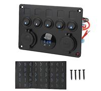 Akozon Panel de Interruptor de 5 Bandas Impermeable 12 V 24 V Retroiluminado LED con Voltímetro Digital Puertos USB Duales Encendedor de Cigarrillos para Barco Marino RV Camión Remolque (BLUE)