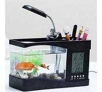 Akozon Tank de Pescado Mini Aquarium USB Multifuncional con Lámpara LED, Reloj LCD, Caja de Almacenamiento y Plantas Deco - Ideal para Decoración del Hogar y la Oficina (Black)