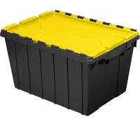 Akro-Mils KeepBox 45L Storage Container, Nesting and Stackable Plastic Storage Box with Lid Attached, Organizer Tote for Garages, Closets, and Moving, 38,7 cm W x 54,6 cm D x 31,6 cm H, negro/amarillo