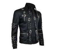 Aksah Fashion Michael MJ King of Pop Bad Concert Tour - Chaqueta de motorista negra de algodón con cinturón disfraz para hombre, Chaqueta., L