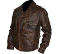 Aksah Fashion s Escape from New York Movie Snake Plissken Kurt Russell - Chaqueta de piel para motociclista (marrón envejecido), Marrón envejecido., L