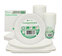 AKTIVE 71345, Procos Vajilla desechable ecológica y biodegradable, Papel, Balnco, 10 platos pequeños + 10 platos grandes + 10 platos cuadrados grandes + 20 vasos desechables + 20 servilletas