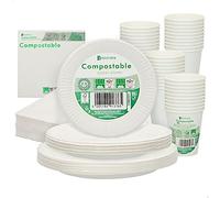 AKTIVE 71346, Procos Vajilla desechable ecológica y biodegradable, Papel, Blanco, 20 platos desechables grandes +20 platos pequeños +20 platos cuadrados +20 vasos desechables +40 servilletas,