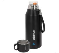 AKTIVE Botella térmica acero inoxidable, 1,2L, Negro, Mide 9,5x9,5x28 cm, Tapón hermético antifugas, Incluye taza, Asa tipo correa, Libre BPA, Base antideslizante, Botellas termo (63136)