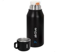 AKTIVE Botella térmica acero inoxidable, 1L, Negro, Mide 9,5x9,5x25 cm, Tapón hermético antifugas, Incluye taza, Asa tipo correa, Libre BPA, Base antideslizante, Botellas termo (63135)